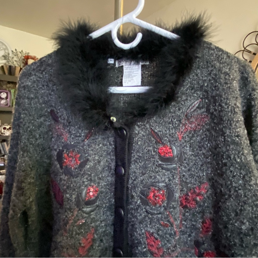 Witchy Vamp Wool Blend Button Cardigan Faux Fur Neckline VTG Size M